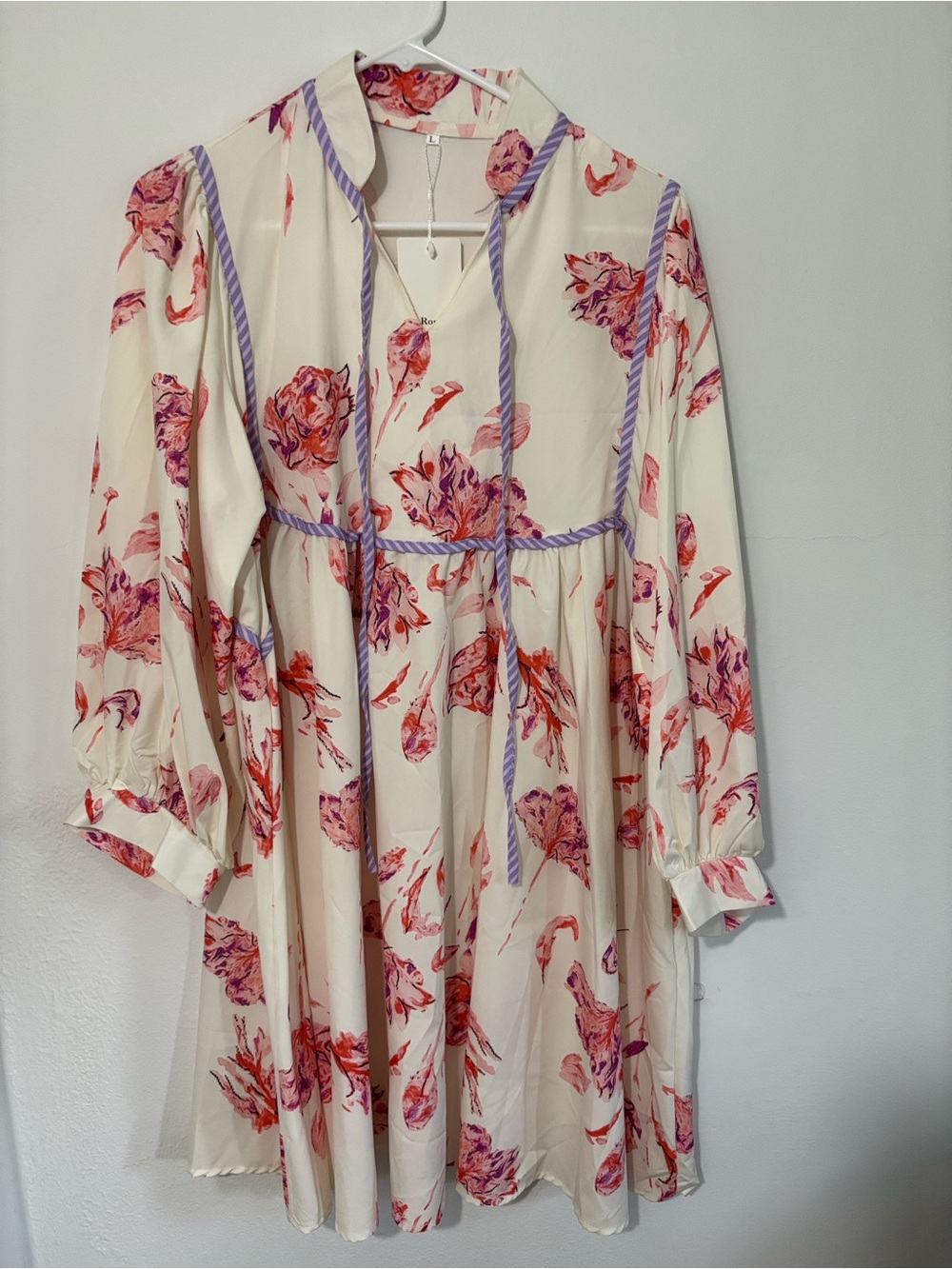 Rosa Clothing Floral Tie-Detail Babydoll Dress in Cream with Pink & Purple Print